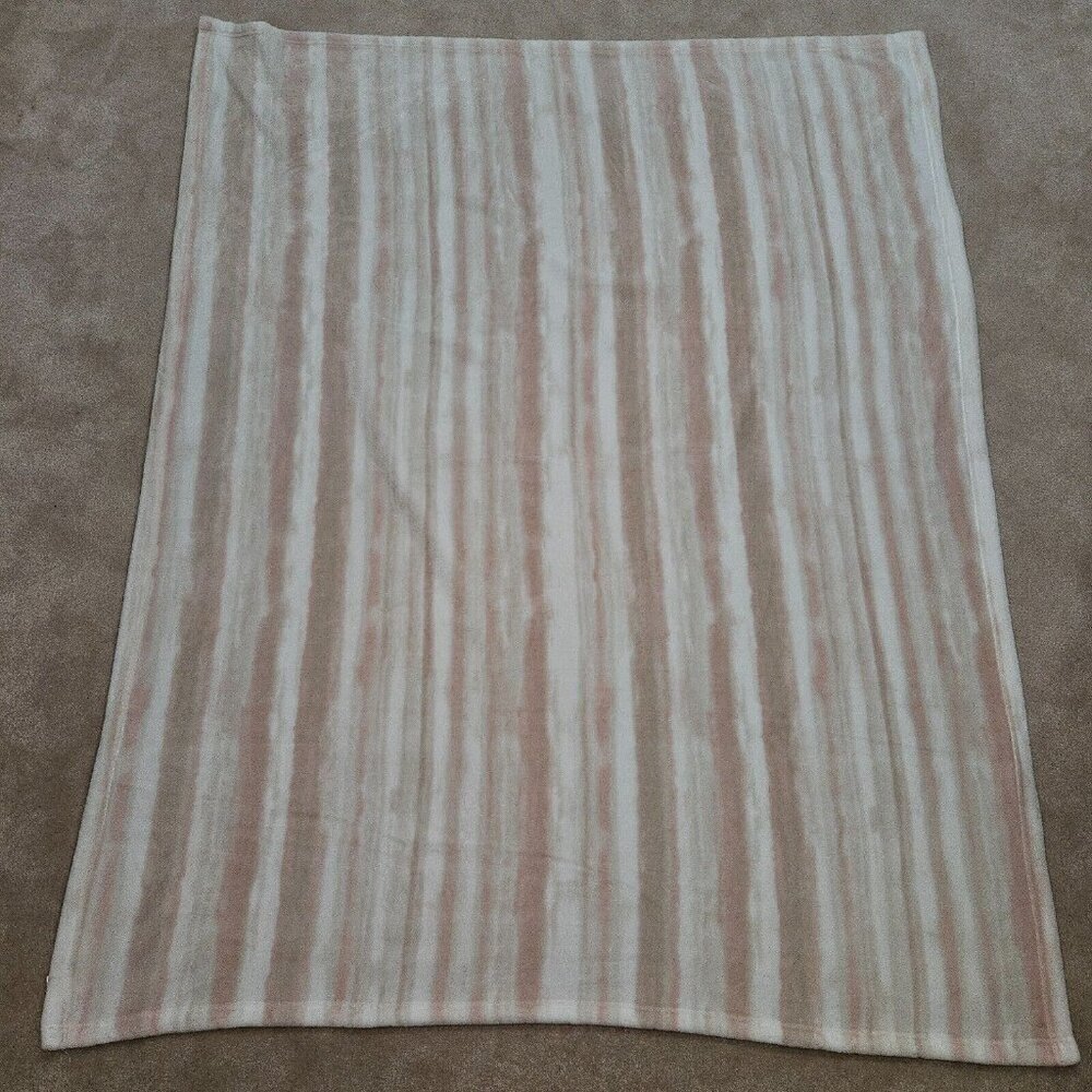 DKNY Pink White Tan Striped Blanket Throw Soft Fleece 50x60